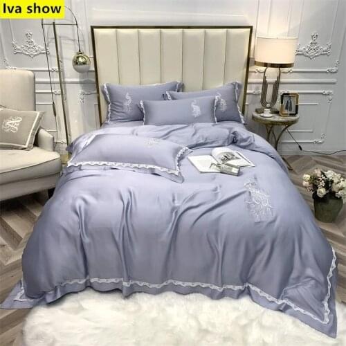 Tencel Four-Piece Suit Bedding Set + Light Blues Lace Bedding+Light Blue Sheets Bed+European Printing Process