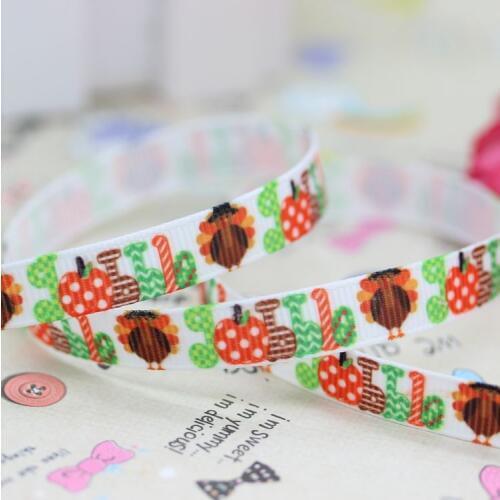 DHK 3/8'' 5yards thanksgiving turkey printed grosgrain ribbon hair bow diy party decoration OEM Wholesale E1269