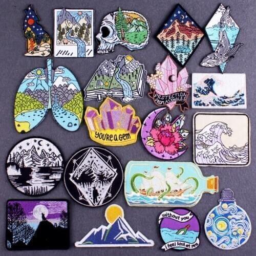 Camping Adventure Patch Natural Iron on Patches On Clothes Patch Badges Crystal Embroidered Patches For Clothing Stripes Decor