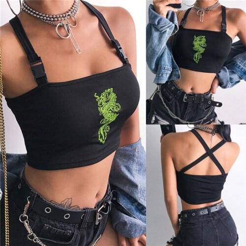 New Fashion Women Sexy Hot Summer Buckle Vest Boob Tube Crop Top Bralet Sheer Dragon Embroidery Stylish Cami Tank Top