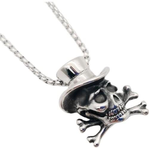 Vintage silver color stainless steel hat skull pendant necklace mens fashion hip hop punk hatted skeleton necklace BLKN0799