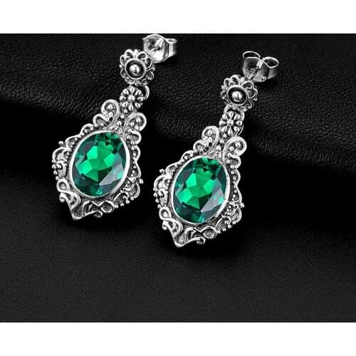 SLIVER CHAKRA Earrings For Women Silver 925 Green Emerald Earring Retro Flower Carved Royal Palace Style Gothic Fine Jewelry