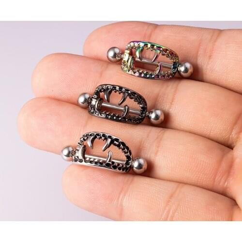 2pcs Teeth Nipple Piercing Barbell Shield Bar Rings Stainless Steel Sexy Adult Game for Women Gift Cover Breast Body Jewelry 14G