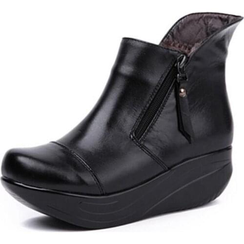 Warm Plush Women Boots Thick Sole Winter Shoes Zipper Wedges Platform Swing Shoes Plus Size Genuine Leather Ankle Boots