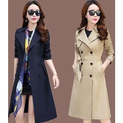 Autumn Trench Coat Double Breasted Trench Coat Women with Belt Khaki Windbreakers Middle-long Spring Outwear Femmino Y452