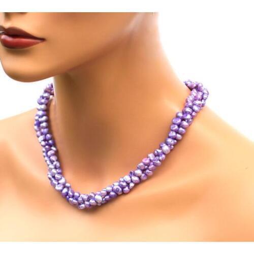 Unique Pearls jewellery Store Light Purple Color 3 rows Baroque Genuine Freshwater Pearl Necklace Free Silver Earrings