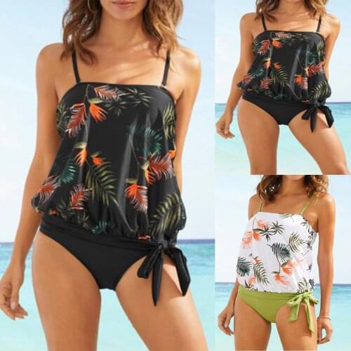 Vintage Strapless Tankini Womens Loose Floral Print High Waist Split Swimsuit Bikini Beach Wear Swimwear Купальник Женский 2021
