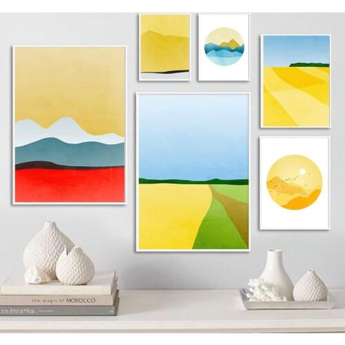 Yellow Grey Sun Moon Mountain Abstract Wall Art Canvas Painting Nordic Posters And Prints Wall Pictures For Living Room Decor