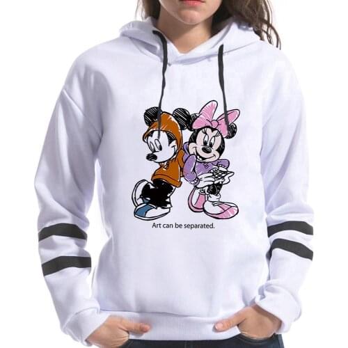 Mickey Mouse Minnie Mouse Hoodies Women Harajuku Pullovers Cute Kawaii Casual Tops Print Hooded Sweatshirt Pink Long Sleeves