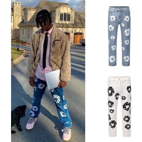 High Street Harajuku Men Jeans Hand-painted Love Full-print Denim Pants Hip-hop Drawstring Baggy Jean Oversize Streetwear Unisex