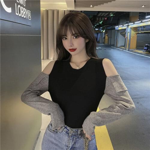 Woman Sweaters 202020year Contrast Color Shoulder-Baring Sweater Winter Womens Top Pullover Sweater Femme Chandails Pull Hiver