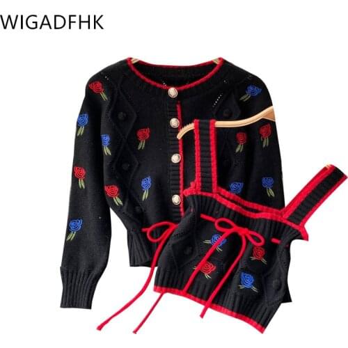 Korean Womens Knitted Cardigan Suit Retro Embroidery Flowers Loose Long-sleeved Sweater + Small Sling Sweet Two-piece Suit