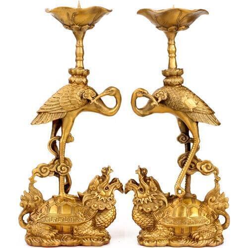 2 PCS Brass Turtle Candlestick Decoration Crane Retro Buddhism Buddha Offering Candle Holder