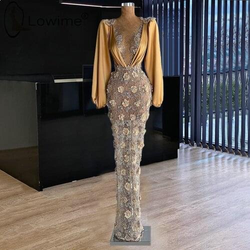 Arabic Style Muslim Long Sleeves Mermaid Evening Dresses 2021 Sexy See Through Crystal Flowers Party Prom Gowns Middle East