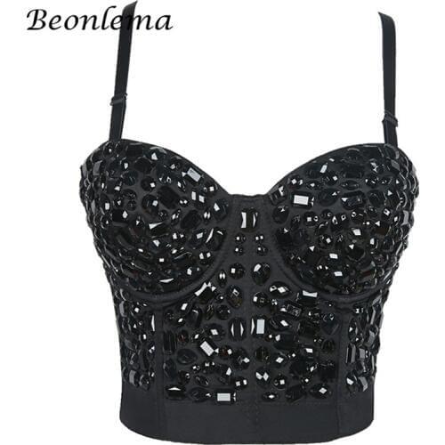 Beonlema Black Silver Corset Top Steampunk Rhinestone Bustiers Sexy Women Clubwear Bra Top Bustiers Female Punk Goth Korse