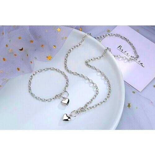 Women Heart Pendants Necklaces Bracelets Set Jewelry Statement Choker O Chains Jewlery
