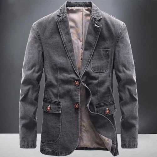 Cotton Men Denim Suit Jacket Single Breasted Pockets Grey Casual Street Spring Autumn Male Jeans Outwear Slim Man Cowboy Blazer