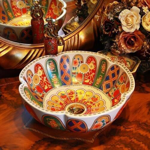 Jingdezhen factory directly art hand painted bathroom sinks ceramic wash basin antique flower shape