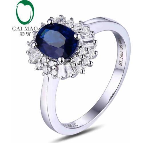 CaiMao 18KT/750 White Gold 1.14 ct Natural Sapphire y & 0.38 ct Full Cut Diamond Engagement Gemstone Ring Jewelry