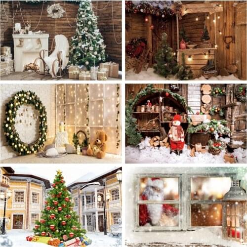 Laeacco Winter Christmas Snowman Wooden House Gift Birthday Banner Backdrop Photographic Photo Background For Photo Studio