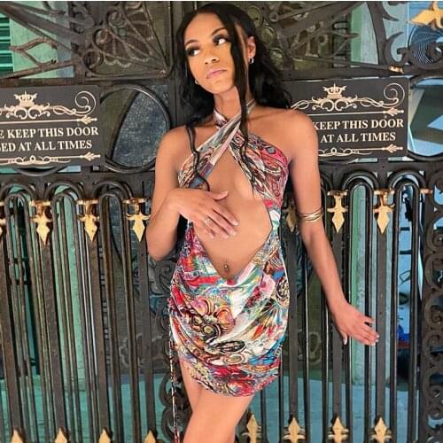2021 Summer Dress Women Clothing Mini Sexy Strappy Bodycon Backless Dress Halter Shirring Print Hollow Out O Neck Beach Sundress