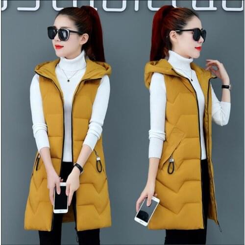 New Autumn Winter Long Cotton Vest Women Jacket Korean Hooded Sleeveless Coat Plus Size Slim Warm Ladies Waistcoat 3Xl J3349