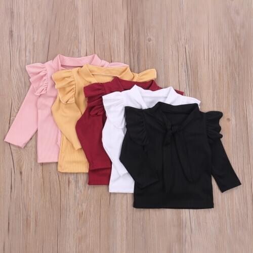 Toddler Baby Girl Solid Color Neckline Bow Blouse Spring Autumn Round Neck Long Sleeve Pullover Top for Kids Girls 6M-5T