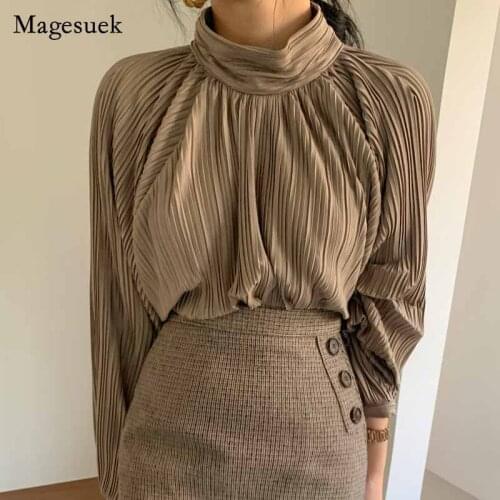 Half-turtleneck Pleated Tops Autumn Loose Lantern Sleeve Shirt New Fashion Chic Creasing Solid Color Blouse Women Blusas 12639