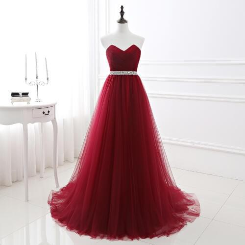 Simple 2020 Women Wine Red Evening Dress Formal Tulle Dresses Sweetheart Neckline Sequin Beaded Prom Graduation Party Dress