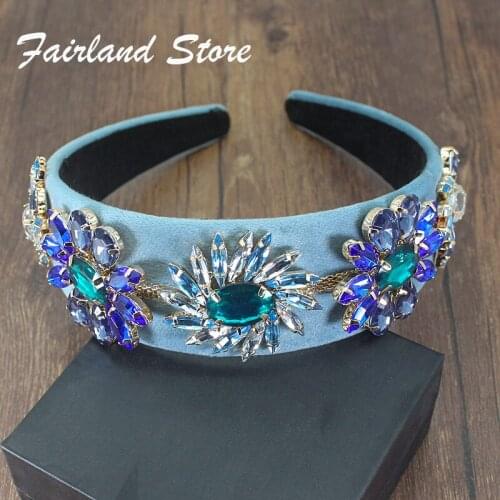 Fairland Luxury Blue Flower Rhinestone Hairband Baroque Headband Big Gem Wild Fashion Temperament T Stage Party Hair Accessory