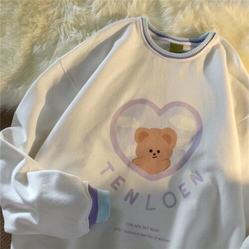 Tops Korean Winter couple Sweatshirts Kawaii Cartoon Bear Print Long Sleeve O Neck Thick Warm Harajuku Hoodie Ladies Fashion