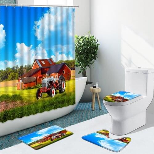 Farm Wooden House Tractor Bathroom Set Shower Curtain Cow Sunflower Non-Slip Rugs Flannel Carpet Toilet Cover With Hook Bath Mat