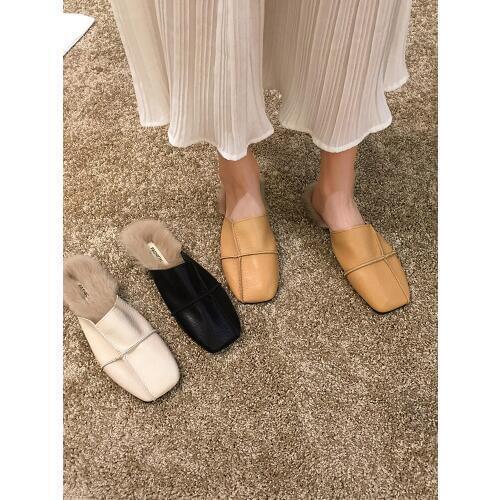Womens shoes retro fashion slippers outside 2019 new autumn artificial fur low heel shoes