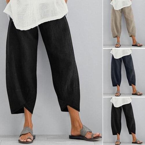 Women Casual Harem Pants Solid Color Cotton Linen Wide Leg Trousers Summer Elastic Waist Plus Size Loose Comfortable Trousers