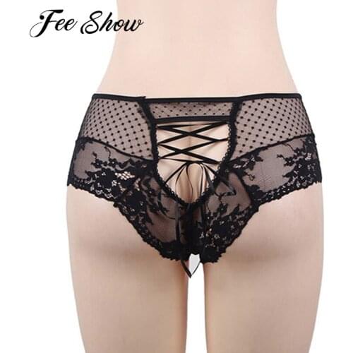 Women Adult Hollow Back Briefs Underwear Sexy Floral Lace Mesh Transparent Briefs Tanga Solid Color High-waist Erotic Underpants