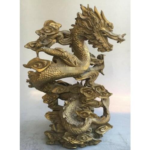 11'' Brass carved home fengshui decor auspicious clouds chinese Dragon statue