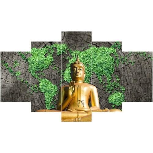5 Pcs Canvas Abstract Green Map Pictures Print Wall Art Canvas Paintings Wall Decor for Living Room Buddha Meditation No Framed