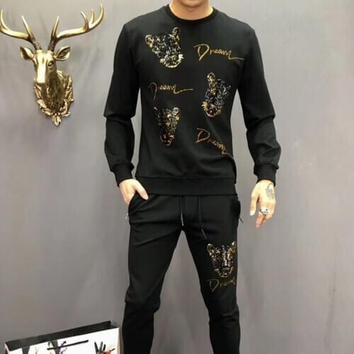 Sequins Shining Luxury Hot Diamond Tiger Head Printed Mens Tracksuit 2 Piece Set Sweatshirt And Pants Suits Sets Black Mens Set