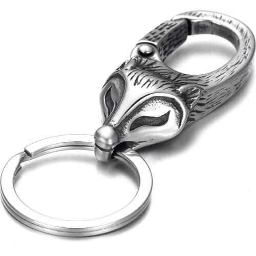 Stainless Steel Key Chains Fox Head Spring Fastener Key Ring Unique Car Keychain Key Finder Mens Accessories