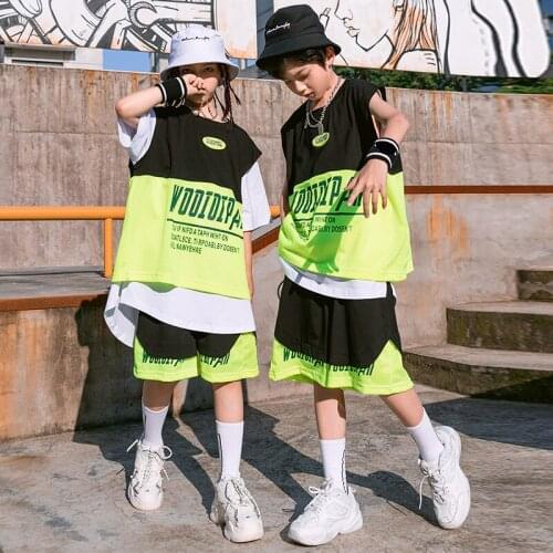 ChildrenS Hip-Hop Dance Costumes Summer Boys Loose Sleeveless Tops Shorts Jazz Drum Outfits Girls Performance Costumes DQS7467