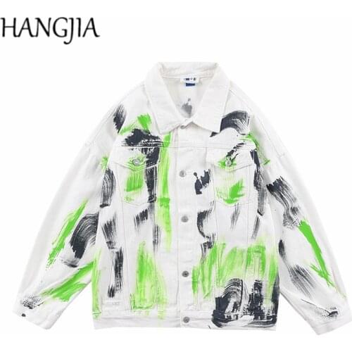 Hip Hop Splash Ink Graffiti Denim Jacket Black White Printed Jeans Jacket Swag for Men Streetwear Hand Painted Women Jackets