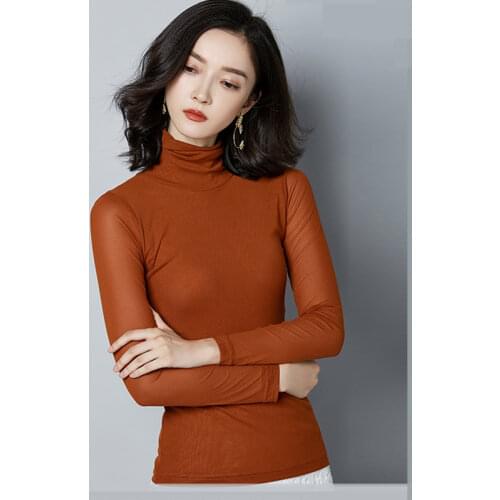 Korean Autumn Mesh Long Sleeve Women T-shirt Female Slim Turtleneck Tshits Plus Size XXXL Ladies Tops Office Lady T Shirts