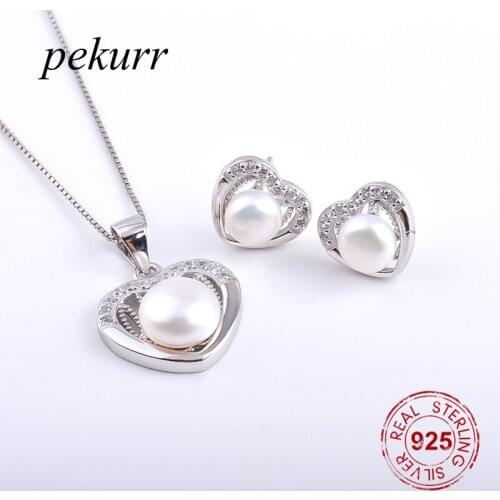 Pekurr 925 Sterling Silver Half Zircon Hollow Heart Freshwater Natural Pearl Earrings Necklace Sets For Women Pendants Jewelry