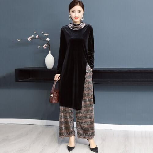 Fashion gold velvet pants suit female spring womens sets new national wind womens Turtleneck shirt and wide leg pants two sets