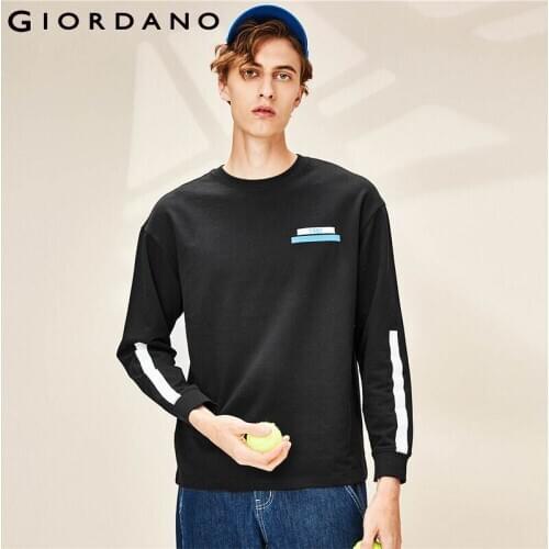Giordano Men Tshirts Contrast Dropped Shoulder Ribbed Creneck Tee Shirt Embroidered Badge Long Sleeves Camisetas Hombre 01020814