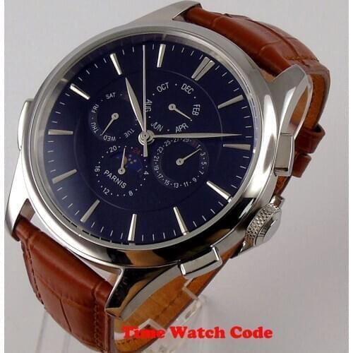 44mm Parnis Automatic Mens Wristwatch Black dial Moon Phase day date indicator multifunction week display brown leather strap