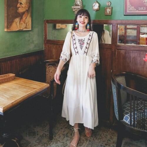 2021 New Bohemian National Style Heavy Industry Embroidery Cotton Hemp Loose Large Woman Holiday Waist Dress Thai VintageSkirt