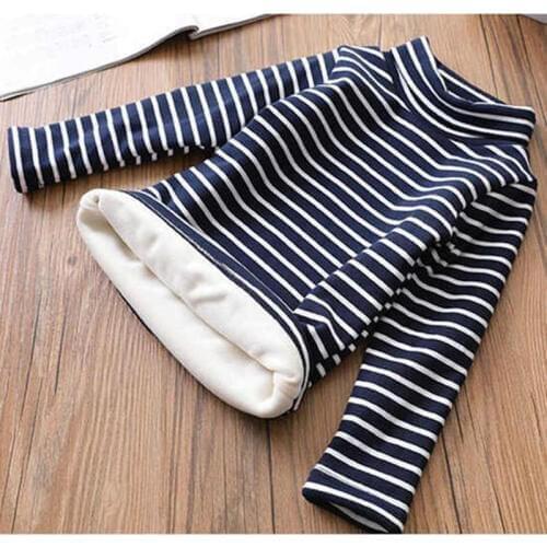 Girl striped high collar bottoming shirt Girl plus velvet warm T-shirt Girl autumn and winter striped wild bottoming shirt