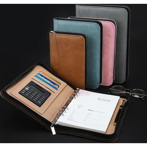Portable A5/B5 Faux Leather Loose Leaf Binder Notebook Diary With Card Holder Calculator Business Note Book Padfolio Zipper Bag