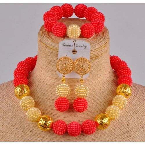 Lovely red and gold nigerian wedding african beads jewelry set simulated pearl costume necklace FZZ09-06